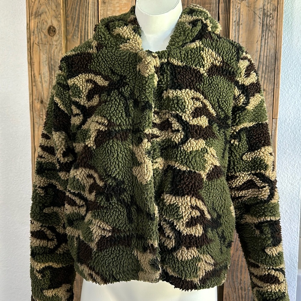 Faux Fur Camo Coat with Hood